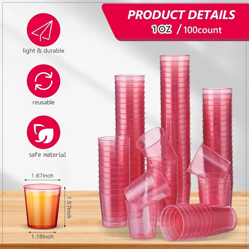 Tioncy 100 Pcs Neon Plastic Shot Glasses 1 oz disposable shot glasses colored Mini Party Drinking Cups for Cocktail Whiskey Wine Birthday Christmas New Year Party(Pink) - Image 2